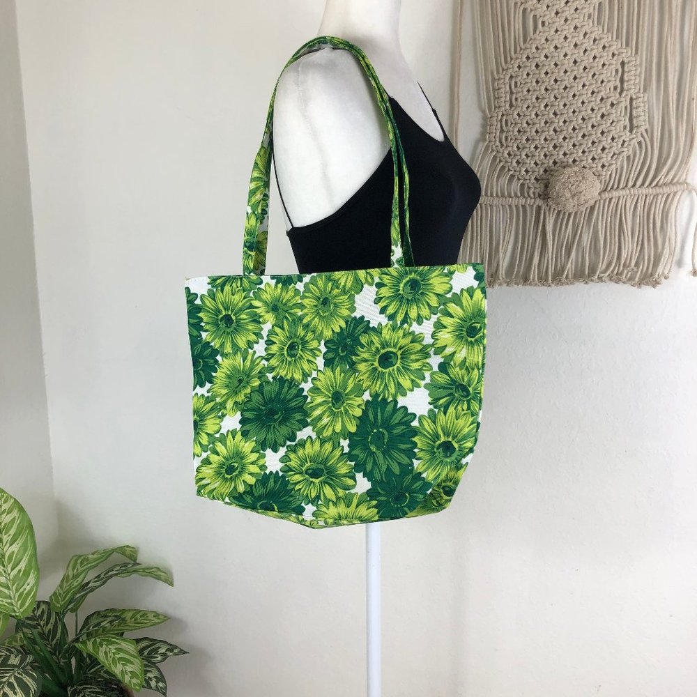 vintage green daisy lightweight tote bag purse